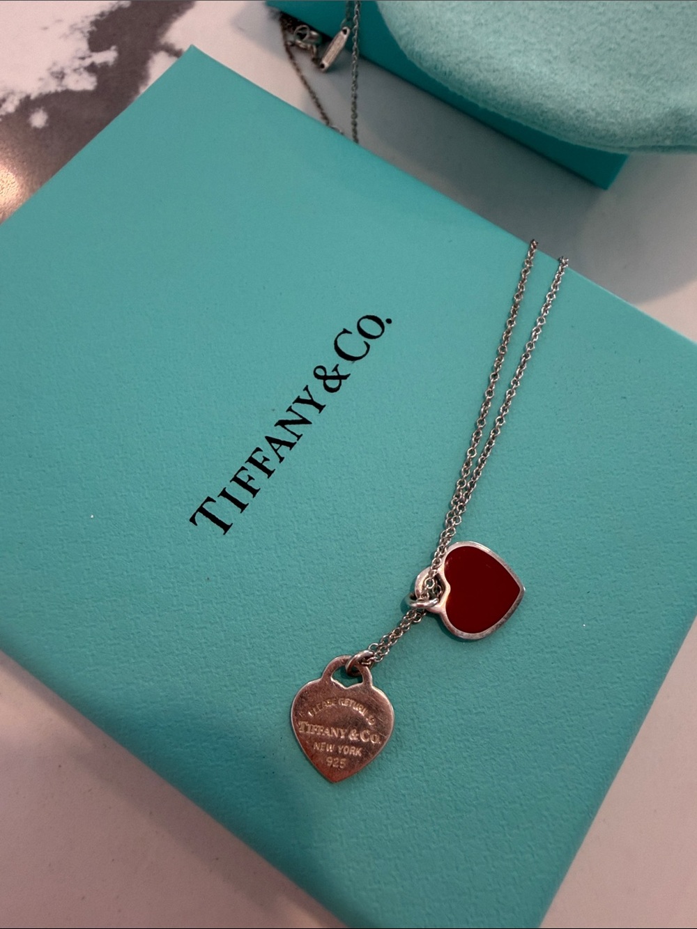 Tiffany & Co. Double Heart Mini Pendant Necklace - Red & Silver